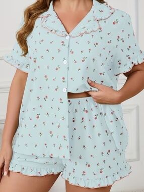 Light Blue Floral Ruffle Pajama Set - Women's Shorts & Button Top